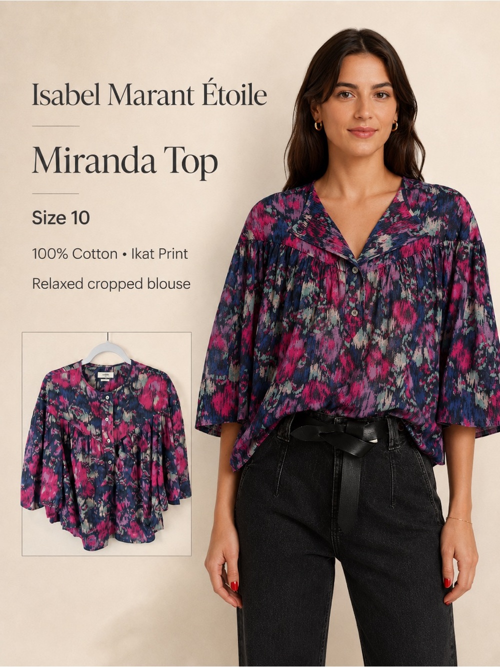 Isabel Marant Étoile Miranda Ikat Cotton Cropped Top Size 10